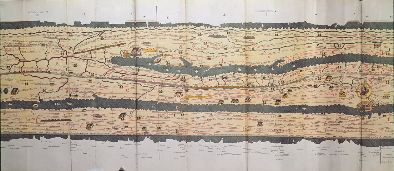 Tabula Peutingeriana का हिस्सा (Peutinger table, Peutinger Map), रोमन साम्राज्य का इटली के विस्तार में सड़क नेटवर्क का सचित्र पुनरावृत्त, Peutinger मानचित्र की प्रतिलिपि से द्वारा अज्ञात अज्ञात