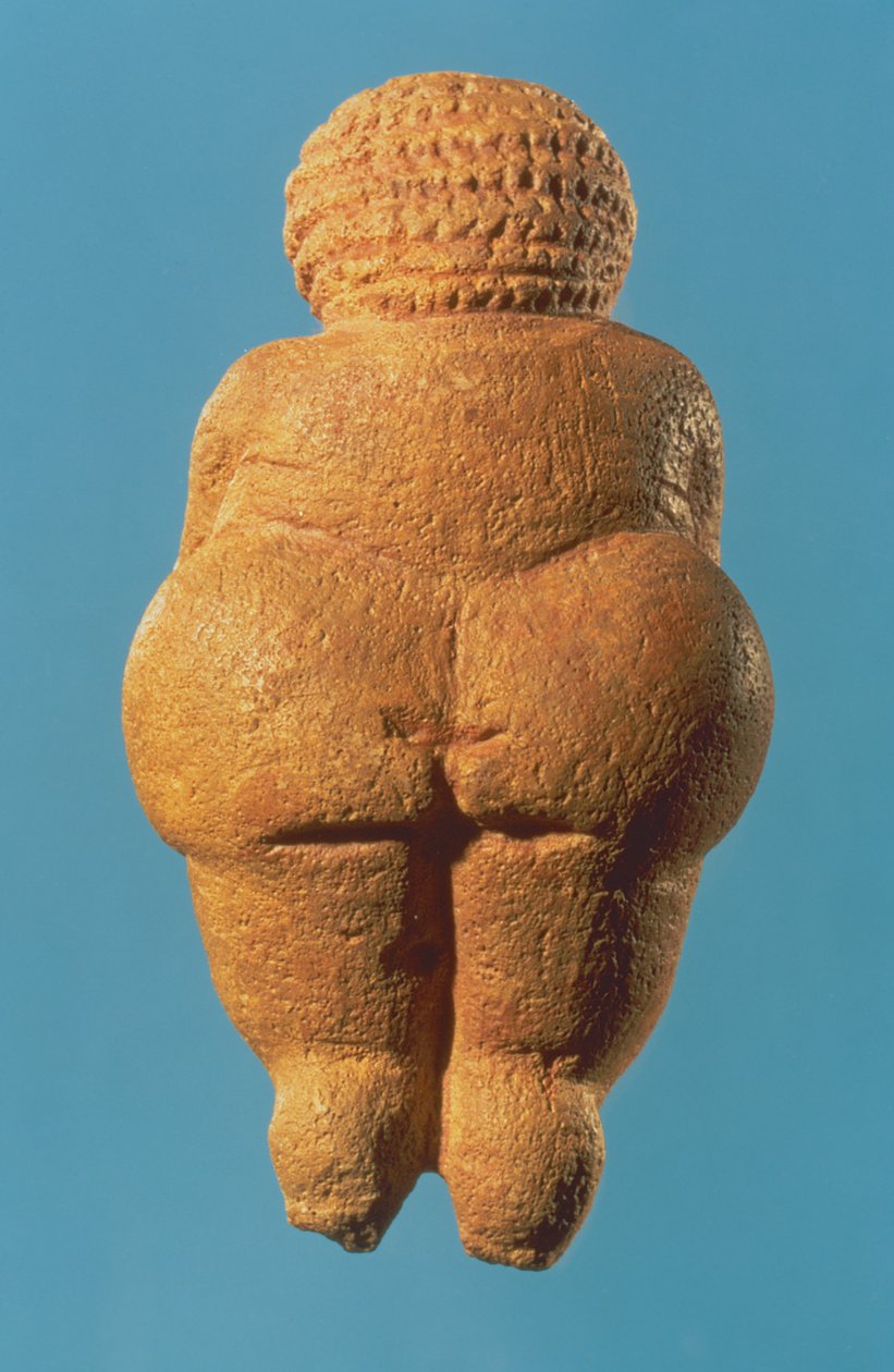 Willendorf का शुक्र, मादा मूर्ति का पिछला दृश्य, ग्रेवेटियन संस्कृति, ऊपरी पुरापाषाण काल, c.30000-18000 ईसा पूर्व (लाल गेरू से रंगा हुआ चूना) द्वारा अज्ञात अज्ञात