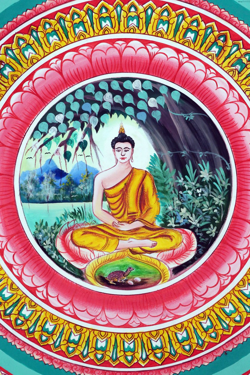 20151029, वियनतियाने, लाओस: वाट इनपेंग बौद्ध मंदिर। शाक्यमुनि बुद्ध की जीवन गाथा को दर्शाती पेंटिंग। ध्यान मुद्रा में बैठे बुद्ध द्वारा अज्ञात