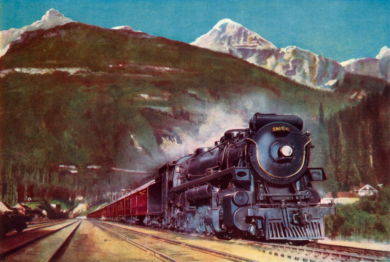 1935 के रॉकी के पैर में एक कनाडाई प्रशांत रेलवे विशालकाय। द्वारा अज्ञात