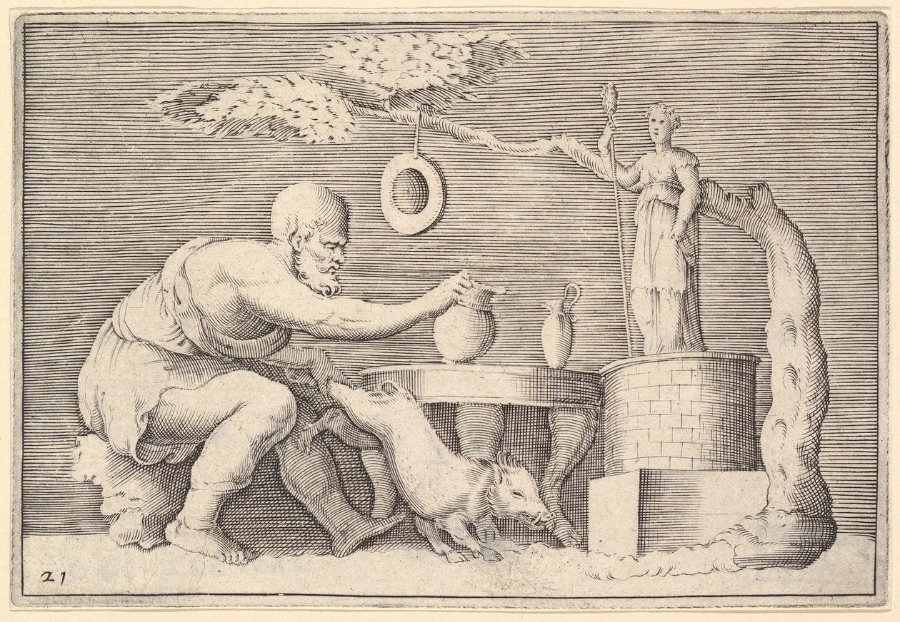 एक Faun या Satyr बलिदान के लिए एक सुअर तैयार करना, प्रकाशित ca. 1599-1622। द्वारा अज्ञात