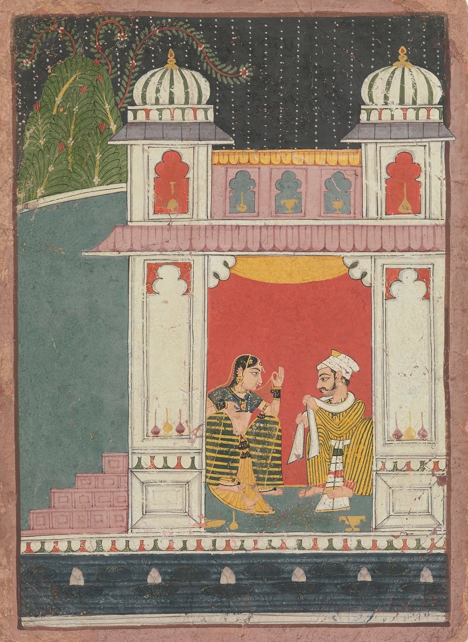 मंडप में एक नायिका और उसका प्रेमी: एक बिखरे नायिकाबेड़ा से पृष्ठ, ca. 1660-1680। द्वारा अज्ञात
