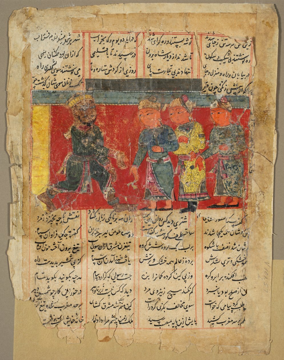 ए किंग रिसीविंग थ्री मेन, पेज फ्रॉम द खमसा इन अमीर खुसरु दिहलवी, 1450-1500। द्वारा अज्ञात