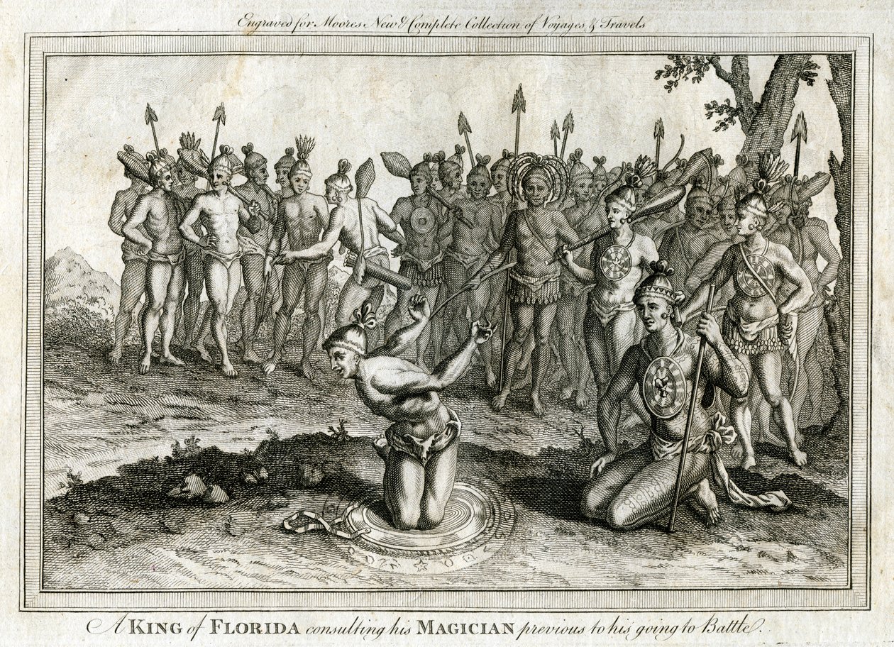 फ्लोरिडा के एक राजा ने अपने जादूगर से युद्ध में जाने से पहले परामर्श किया, c1760 द्वारा अज्ञात