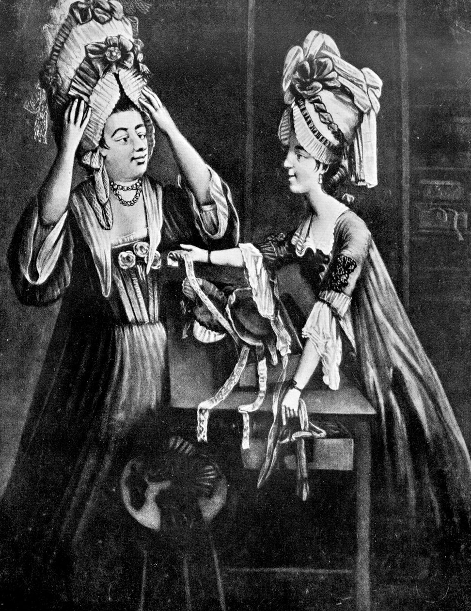 एक मिलिनर्स शॉप, श्रीमती मोनोपोलिज़, कसाई पत्नी, एक आधुनिक हेड ड्रेस, 1772 खरीदती है द्वारा अज्ञात