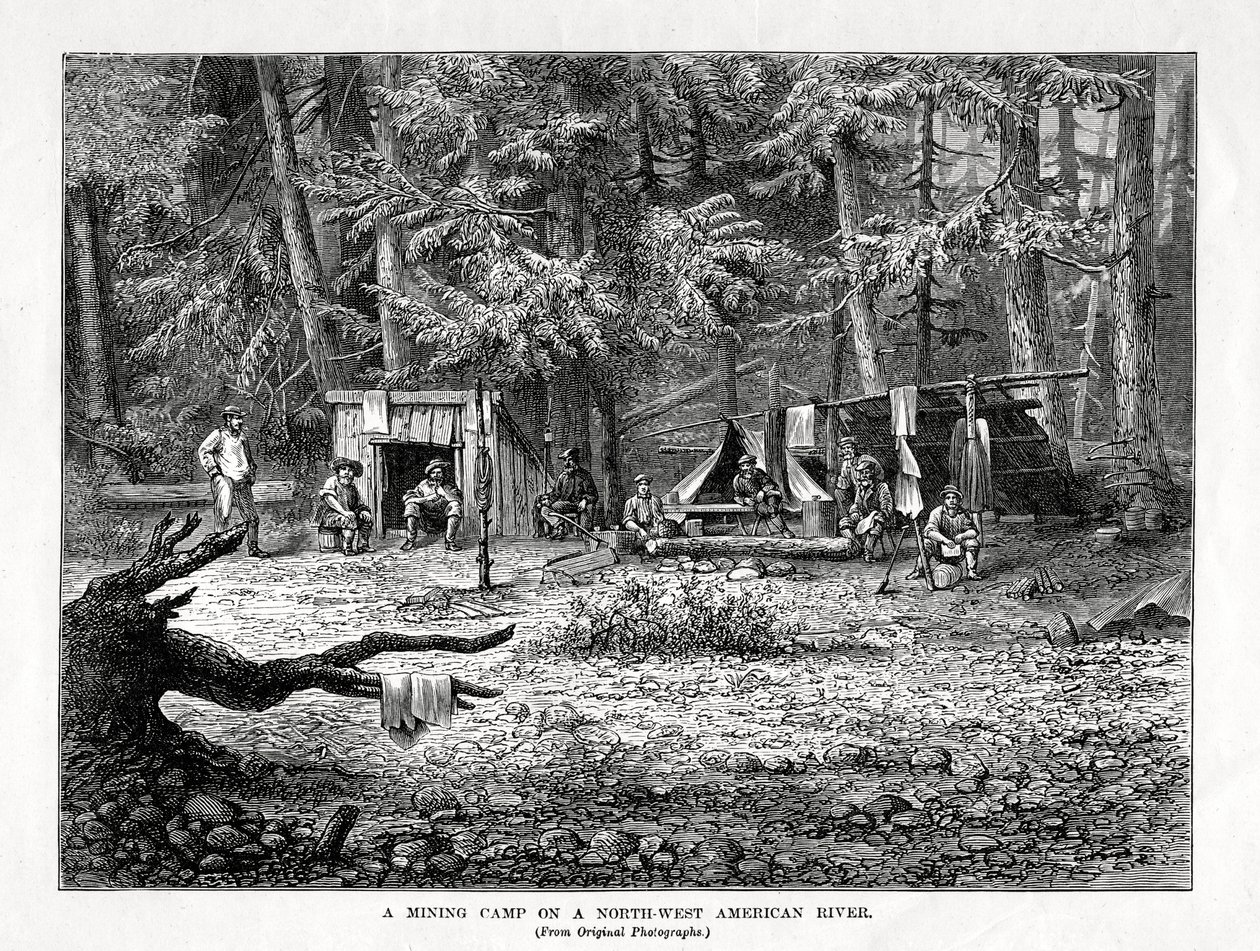 1877 में उत्तर-पश्चिम अमेरिकी नदी पर एक खनन शिविर द्वारा अज्ञात