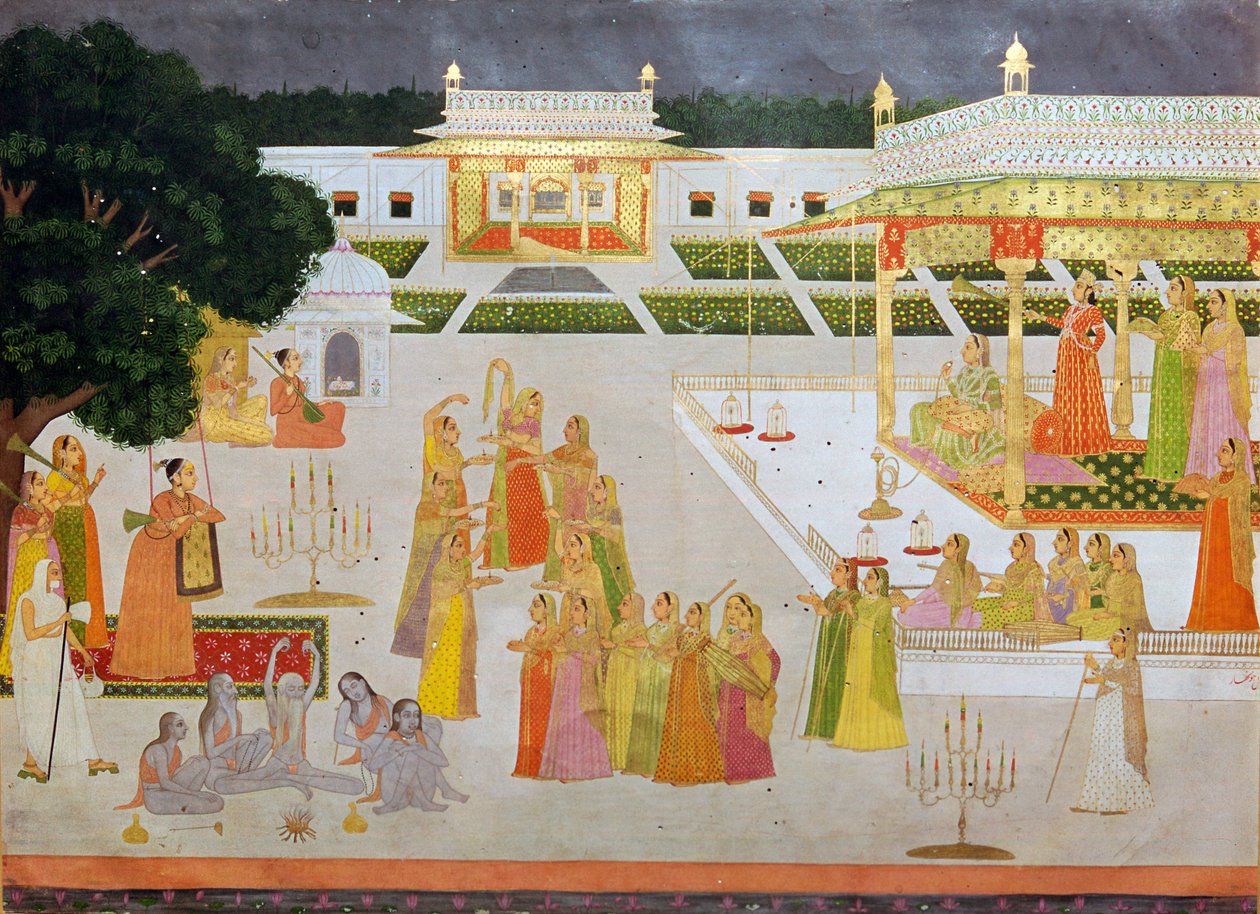 एक राजकुमारी और उसकी महिलाओं की दिवाली मनाते हुए एक मुगल पेंटिंग द्वारा अज्ञात