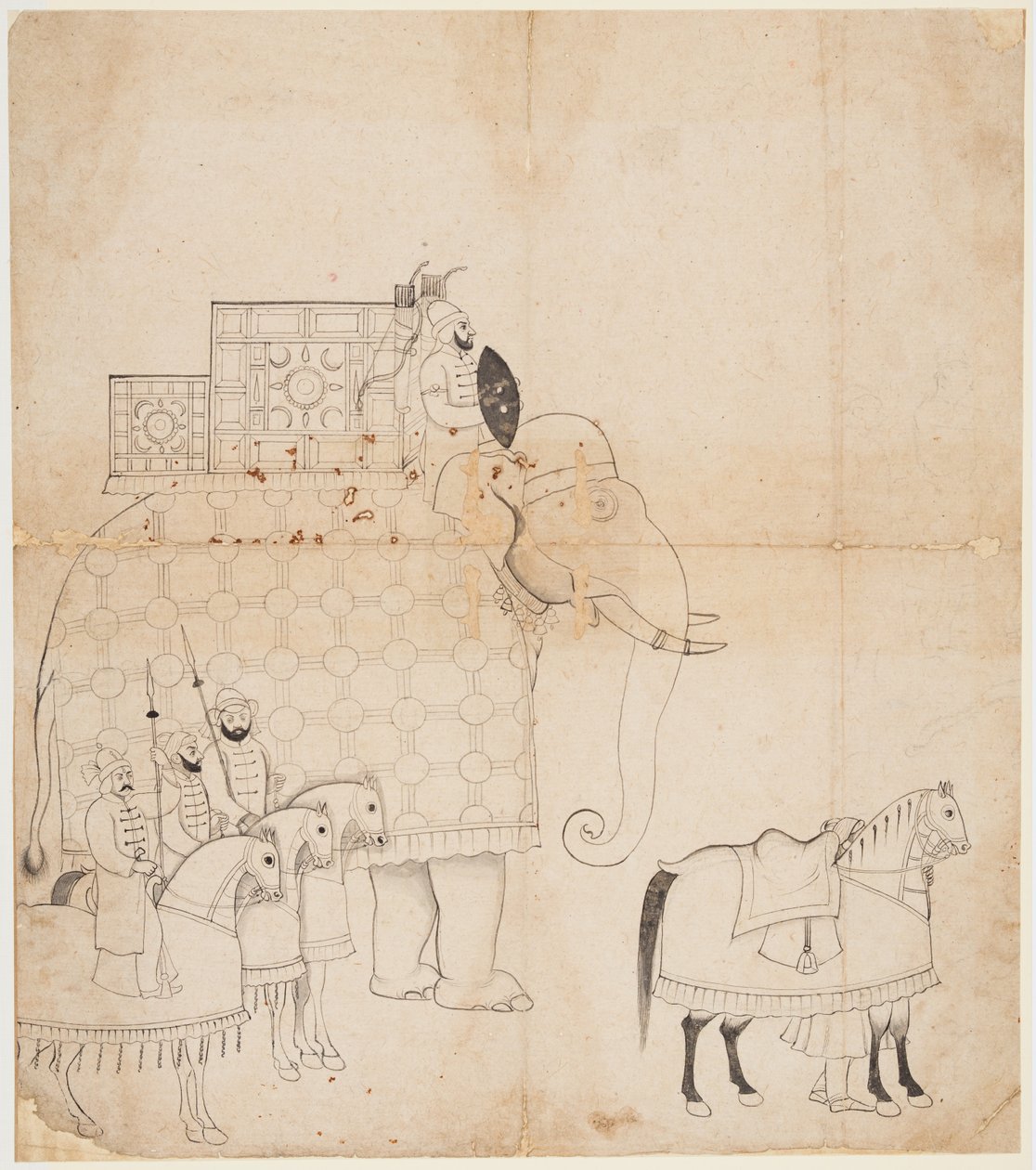 Caparisoned हाथी और घोड़े की एक ड्राइंग, सी। 1760। द्वारा अज्ञात