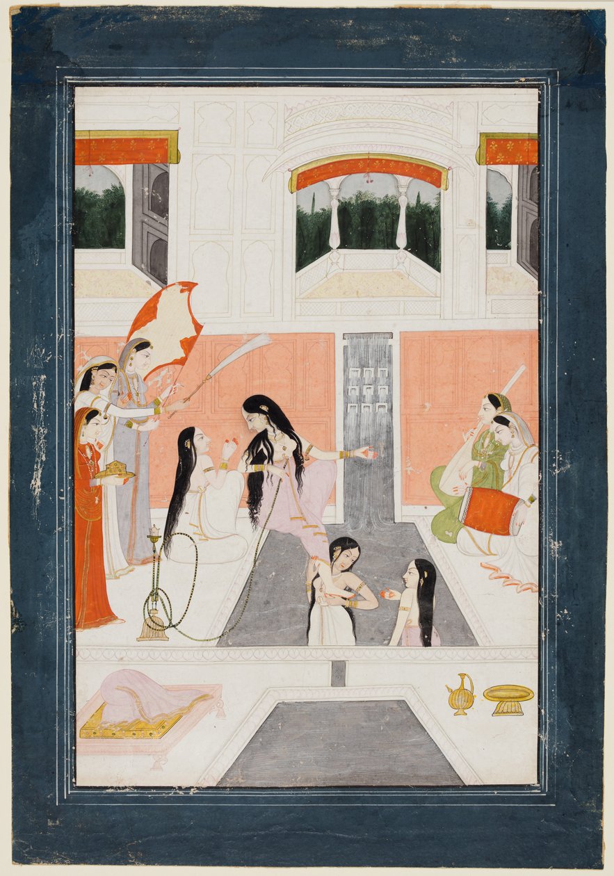 अपने शौचालय में एक महिला एक महल के पानी के झरने के किनारे संगीत सुनती है, सी। 1780। द्वारा अज्ञात