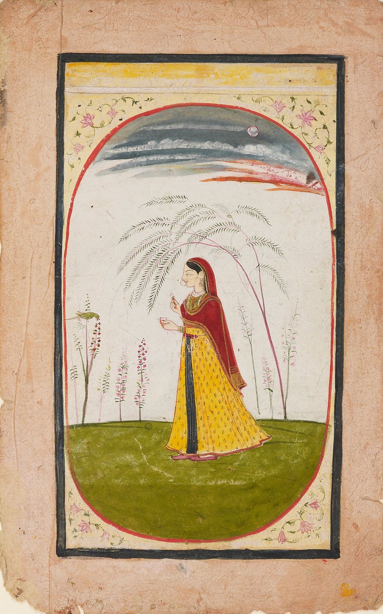19वीं सदी की शुरुआत में, एक विरल परिदृश्य में एक महिला, हाथ में फूल और कप लिए हुए द्वारा अज्ञात