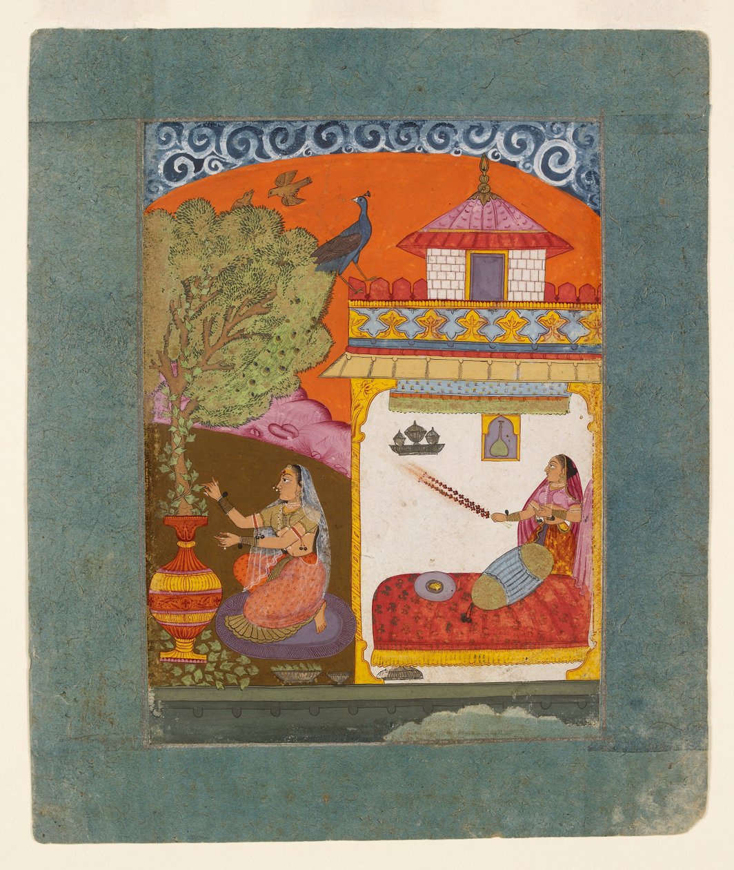 एक महिला पत्तियाँ तोड़ रही है, संगीतमय विधा गुणकाली रागिनी का चित्रण कर रही है, c1675 द्वारा अज्ञात