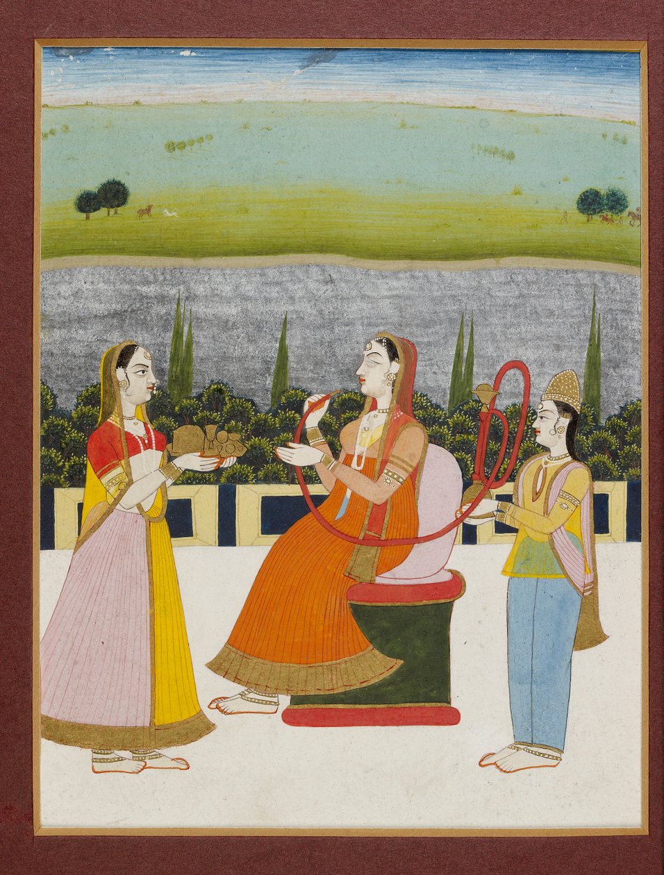 एक महिला दो परिचारकों के साथ छत पर बैठी धूम्रपान कर रही थी, 19वीं सदी 1801-1900 द्वारा अज्ञात