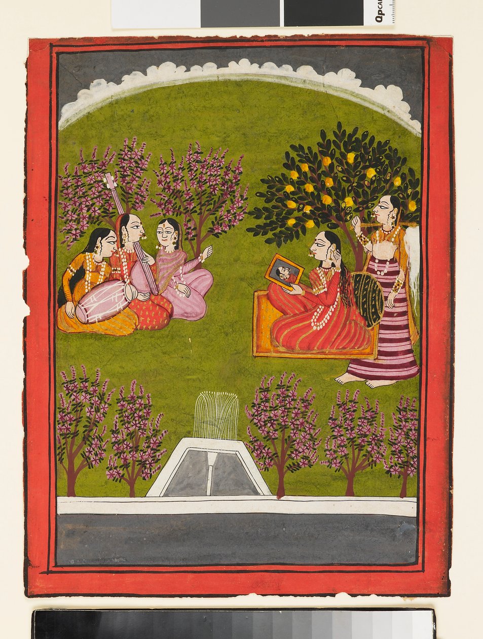 एक महिला एक नौकरानी और तीन संगीतकारों के साथ बगीचे में दर्पण लेकर बैठी थी, c1919 द्वारा अज्ञात