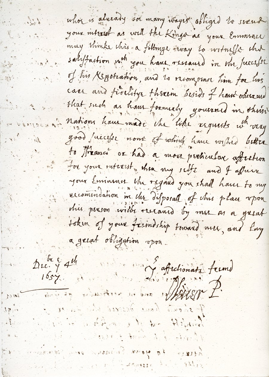 4 दिसंबर 1657, 1899 को ऑलिवर क्रॉमवेल द्वारा कार्डिनल माज़रीन को एक पत्र द्वारा अज्ञात