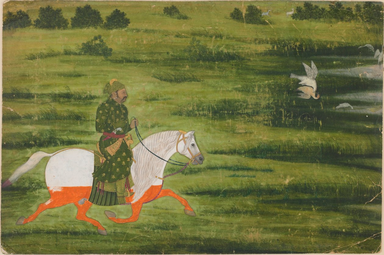 18वीं सदी की शुरुआत में एक घुड़सवार आदमी बाज़ के साथ पक्षियों का शिकार कर रहा था। द्वारा अज्ञात
