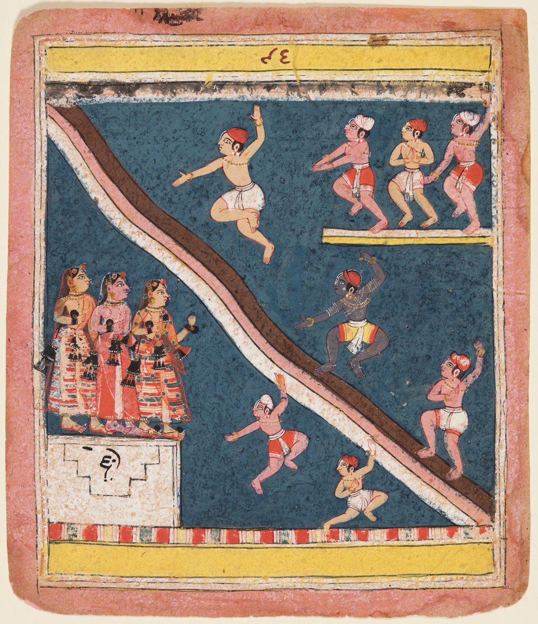 केशव दास के रसिकप्रिया का एक पृष्ठ: कृष्ण और गोप एक तालाब में डुबकी लगाते हैं। 1640। द्वारा अज्ञात