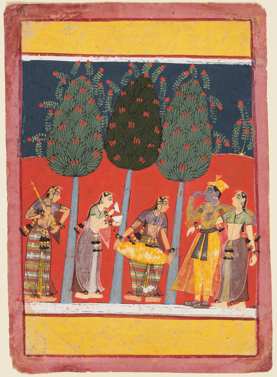 रसिकप्रिया श्रृंखला का एक पृष्ठ: कृष्ण और राधा और संगीत वाद्ययंत्रों के साथ, सी। 1650 द्वारा अज्ञात