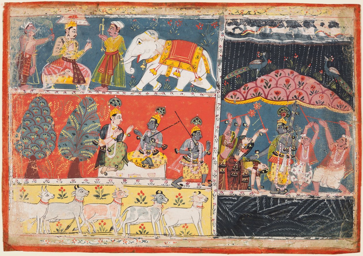 भागवत पुराण का एक पृष्ठ: इंद्र वर्षा की एक धार भेजता है, कृष्ण माउंट को उठाते हैं। गोवर्धन, 1686। द्वारा अज्ञात
