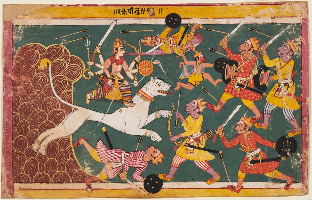 देवी-महात्म्य का एक पन्ना: देवी, जो दानव रक्तिबीजा के पेय के रूप में हैं, ग। 1640। द्वारा अज्ञात
