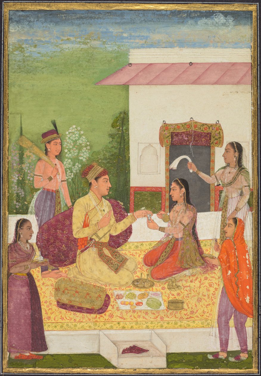 छत के रेक्टो पर जलपान करते समय एक महिला से बातचीत करते राजकुमार ..., सी। 1710-1720। द्वारा अज्ञात