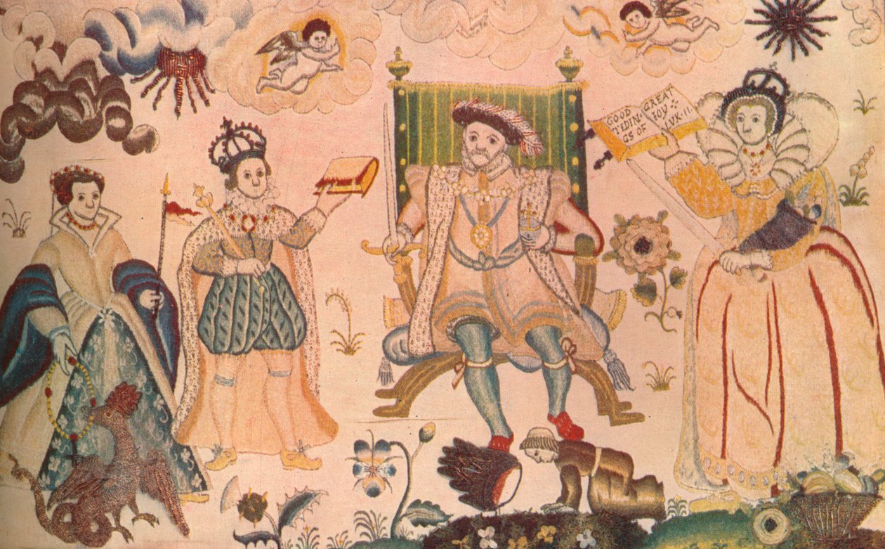 हेनरी VIII, एडवर्ड VI और एलिजाबेथ I की विशेषता वाली एक टेपेस्ट्री, 1914 में एलिज़ाबेथन के रूप में प्रदर्शित हुई द्वारा अज्ञात