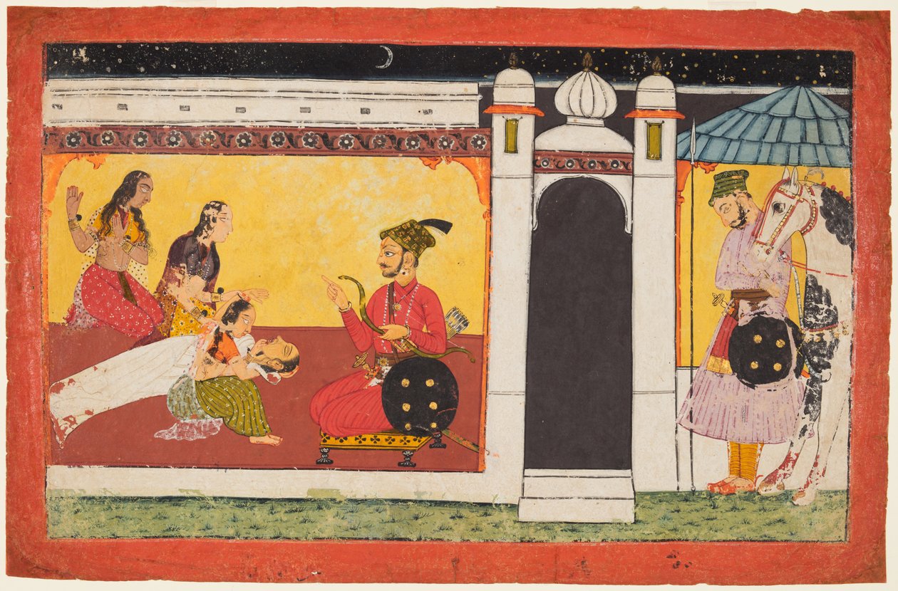 एक महिला एक राजकुमार से पहले बेहोश हो जाती है, माधवनमाला कामकंदला श्रृंखला के एक रात का दृश्य, सी। 1700। द्वारा अज्ञात