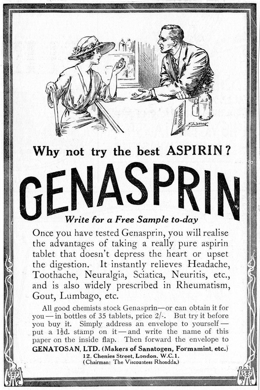 दवा एस्पिरिन के मालिकाना ब्रांड Genasprin के लिए विज्ञापन। 1919 द्वारा अज्ञात