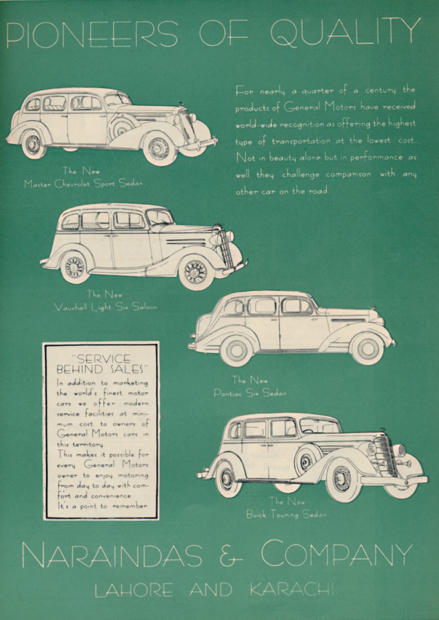 नारायणदास एंड कंपनी के विज्ञापन, मोटर कारों के आपूर्तिकर्ता, 1936। द्वारा अज्ञात