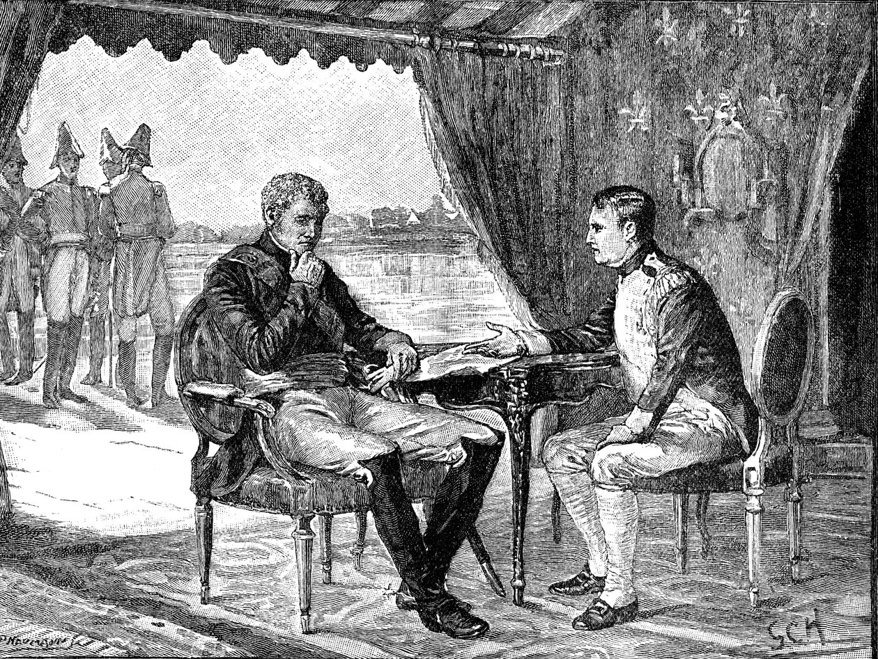 टिलसिट में अलेक्जेंडर I रूस और नेपोलियन I बोनापार्ट फ्रांस, 1807 c1880 द्वारा अज्ञात