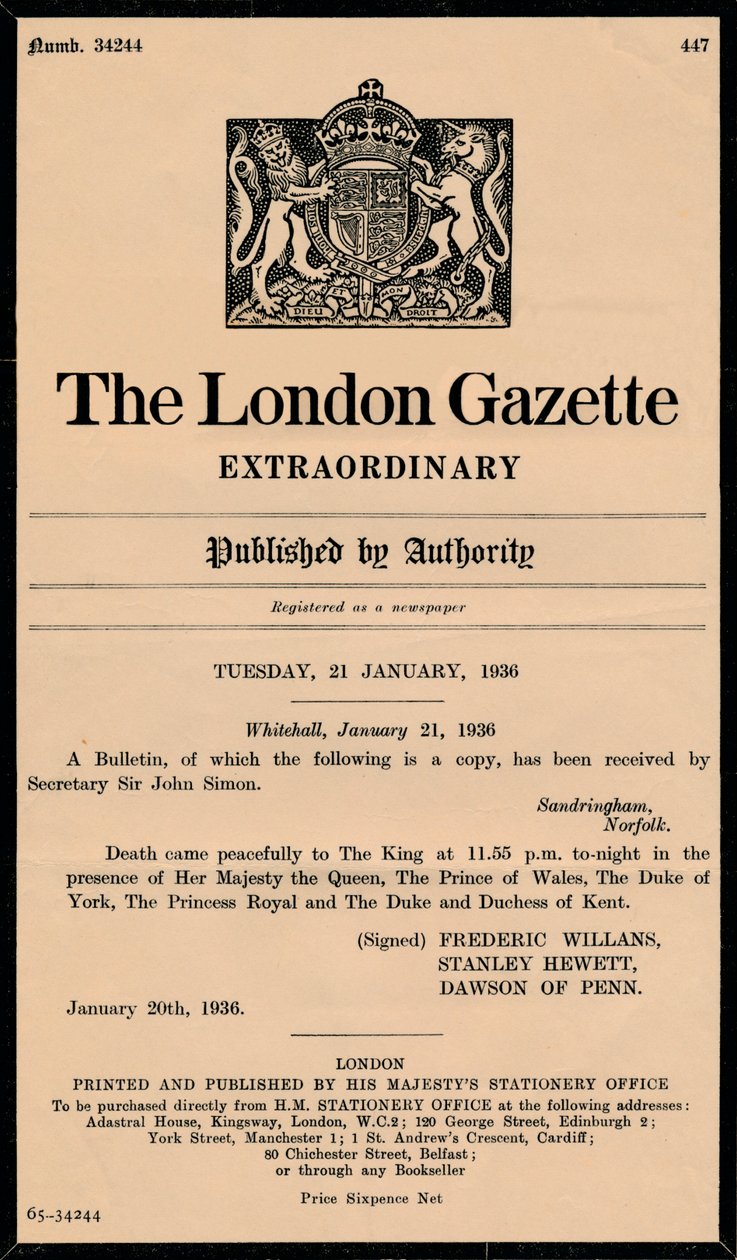 द लंदन गजट द्वारा एक असाधारण बुलेटिन किंग जॉर्ज पंचम 1865-1936 की मृत्यु की घोषणा की गई द्वारा अज्ञात