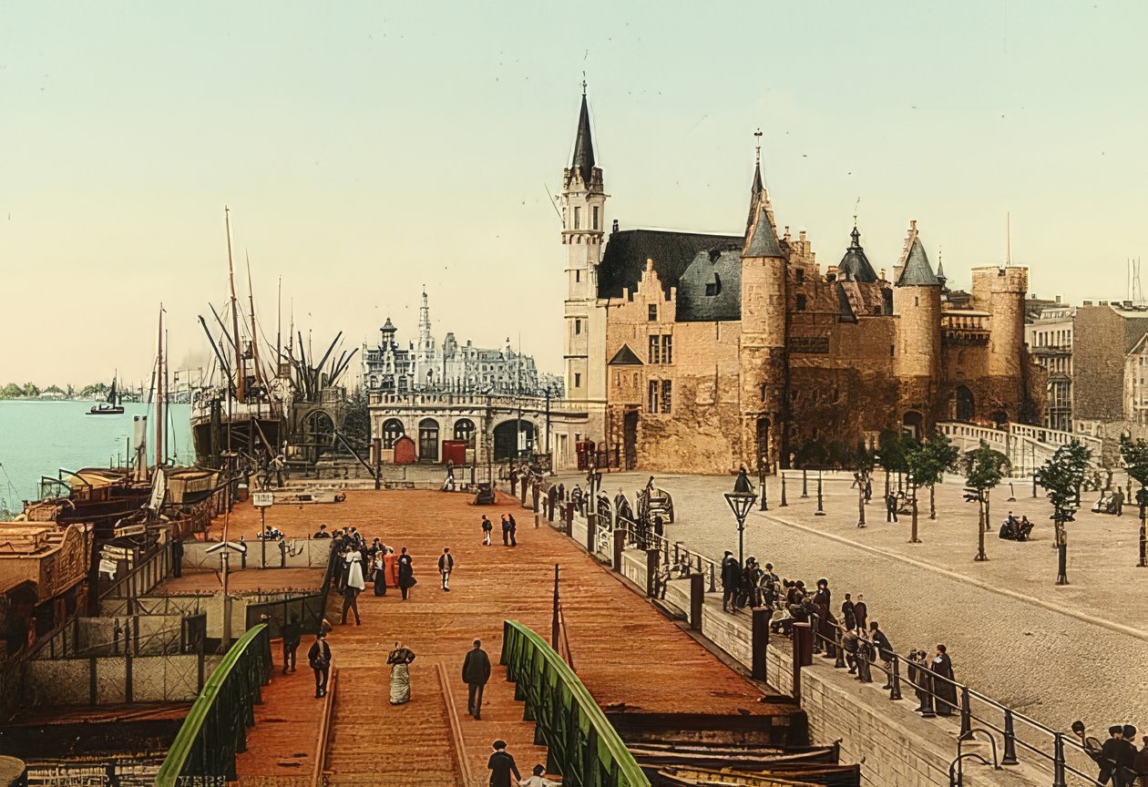 एंटवर्प (एंवर्स)। पुराने महल (Het Steen) को बंदरगाह पर देखें। 1900 के आसपास द्वारा अज्ञात