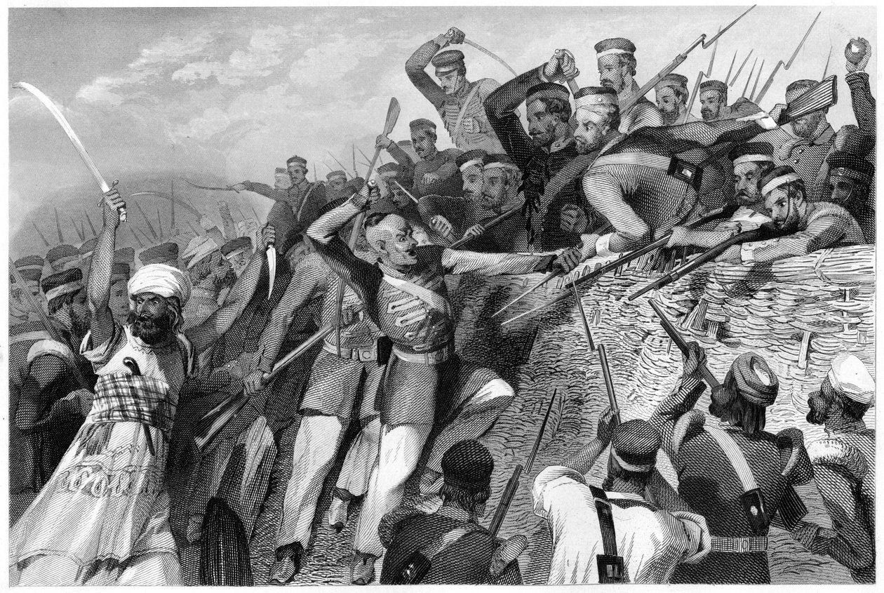 30 जुलाई 1857 को c1860 में लखनऊ में रेडान बैटरी पर उत्पाती लोगों का हमला द्वारा अज्ञात