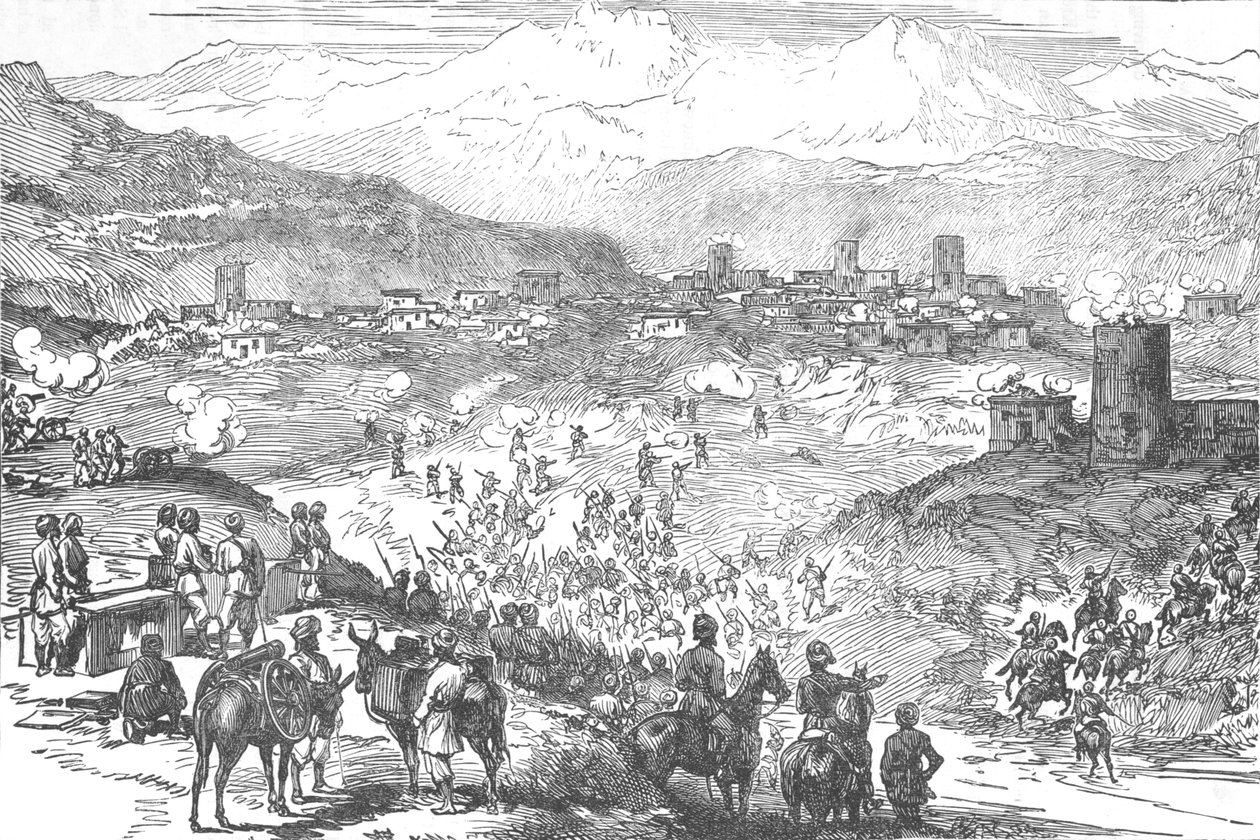 एक अफरीदी टाउन पर हमला, c1880 द्वारा अज्ञात