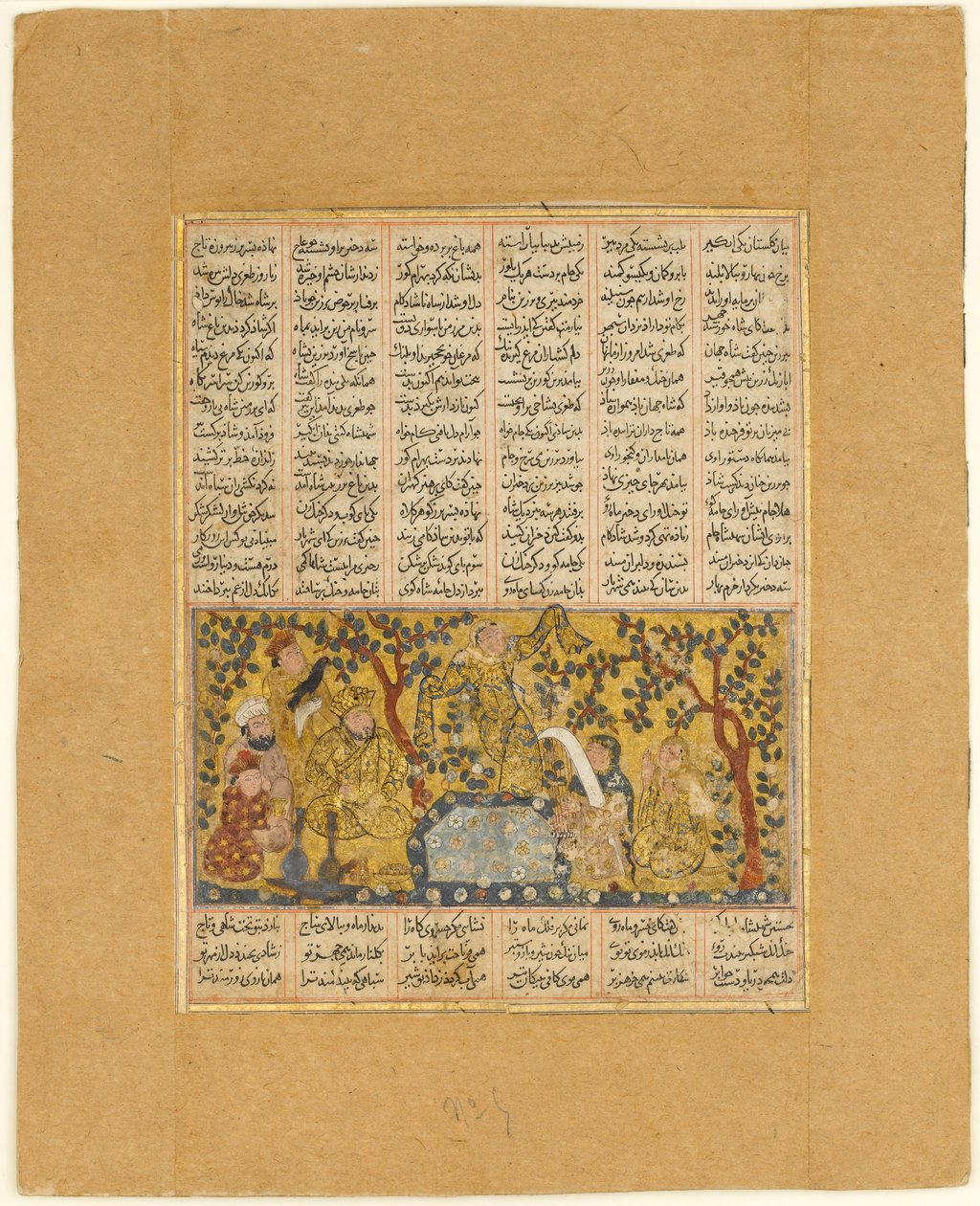 बर्ज़िन की बेटियों द्वारा मनोरंजन किया गया बहराम गुड़, एक शाहनामा से फोलियो..., 1300-1330। द्वारा अज्ञात
