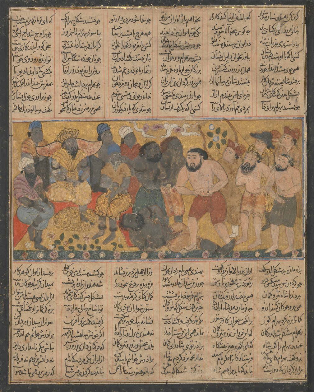 शांगुल के दरबार में कुश्ती में अपने कौशल का प्रदर्शन करते हुए बहराम गुर..., सीए। 1300-30। द्वारा अज्ञात