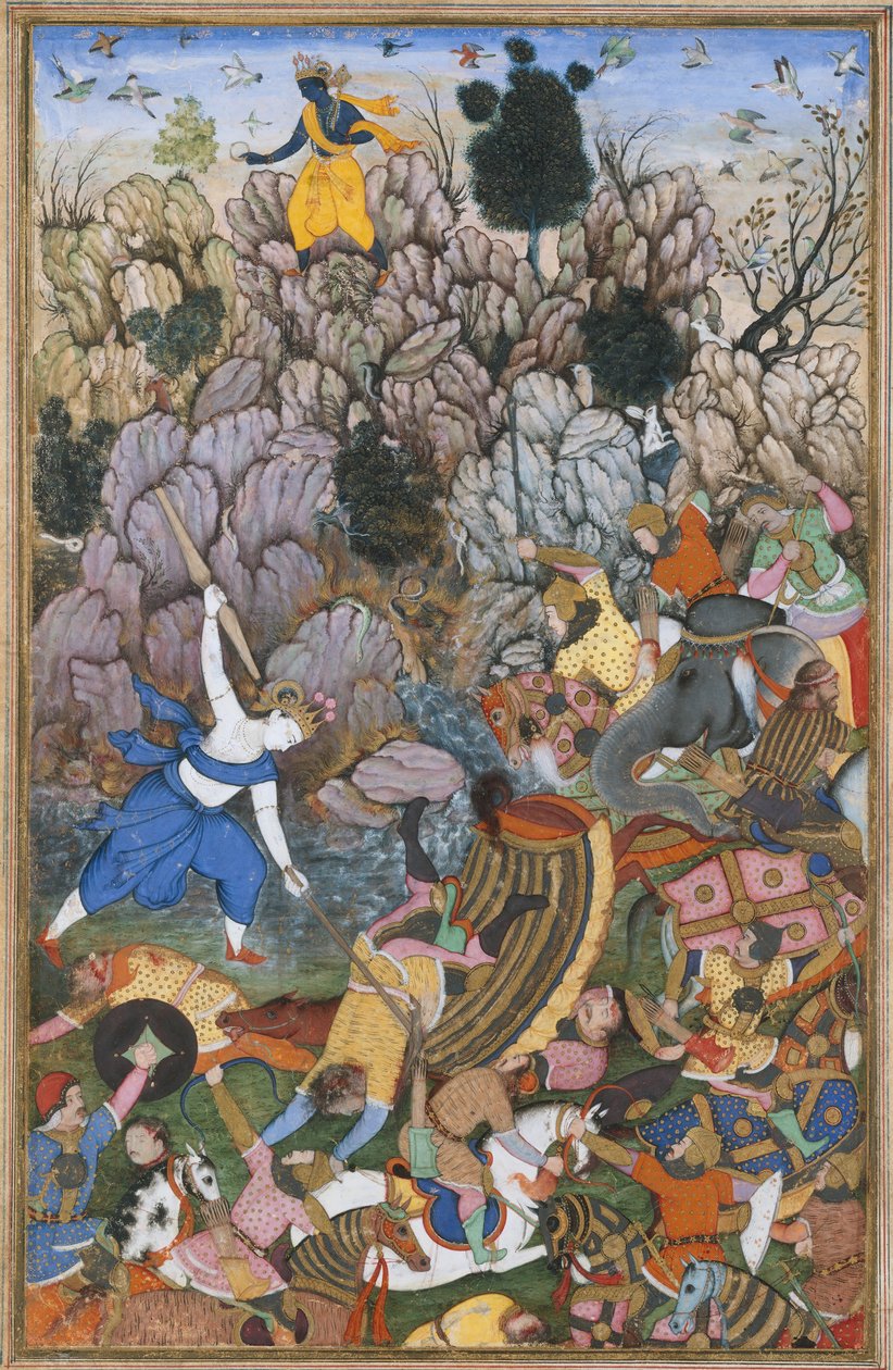 बलराम और कृष्ण शत्रु से लड़ते हुए, एक हरिवंश द लेजेंड ऑफ... से फोलियो, सीए। 1590-95। द्वारा अज्ञात