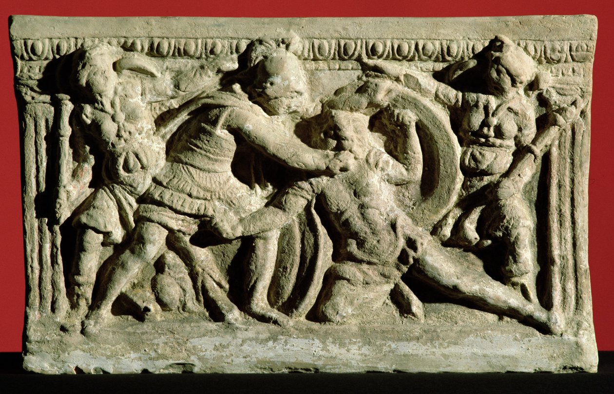 एक सिनेरी कलश से युद्ध का दृश्य, एट्रस्केन (पत्थर) द्वारा अज्ञात
