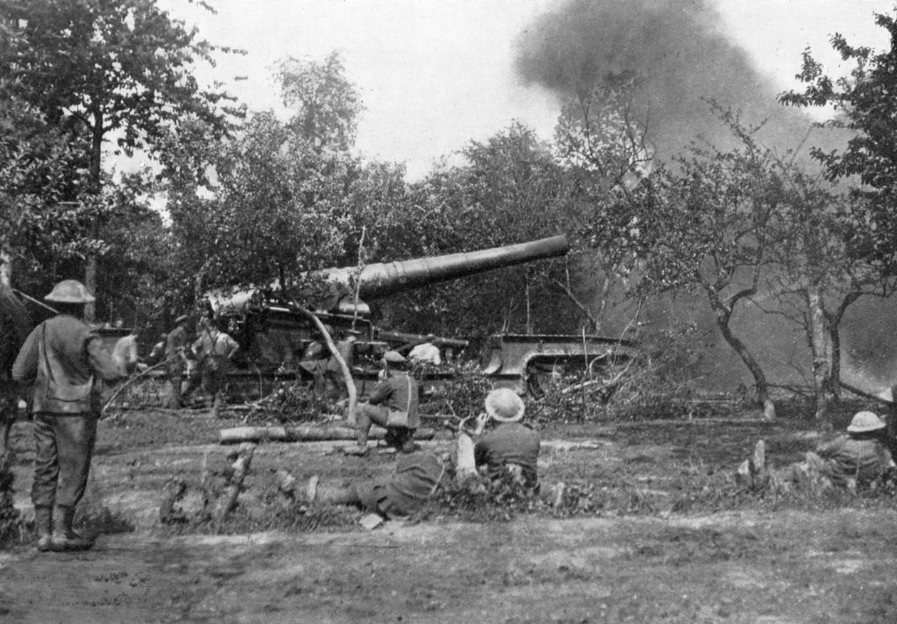 पश्चिम में अग्रिम, प्रथम विश्व युद्ध, 1914-1918, c1920 के दौरान बड़ी रेलवे बंदूक की गोलीबारी द्वारा अज्ञात
