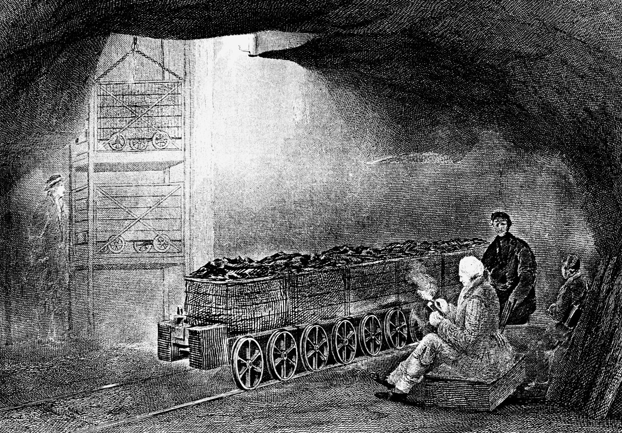 लोडेड वैगनों की ट्रेन, 1860 की कोयला खदान में एक गड्ढे के नीचे का भाग द्वारा अज्ञात