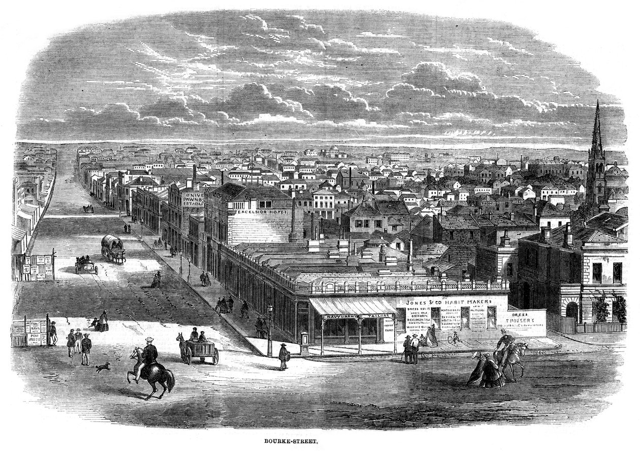 बॉर्के स्ट्रीट, मेलबोर्न, ऑस्ट्रेलिया, 1863 द्वारा अज्ञात