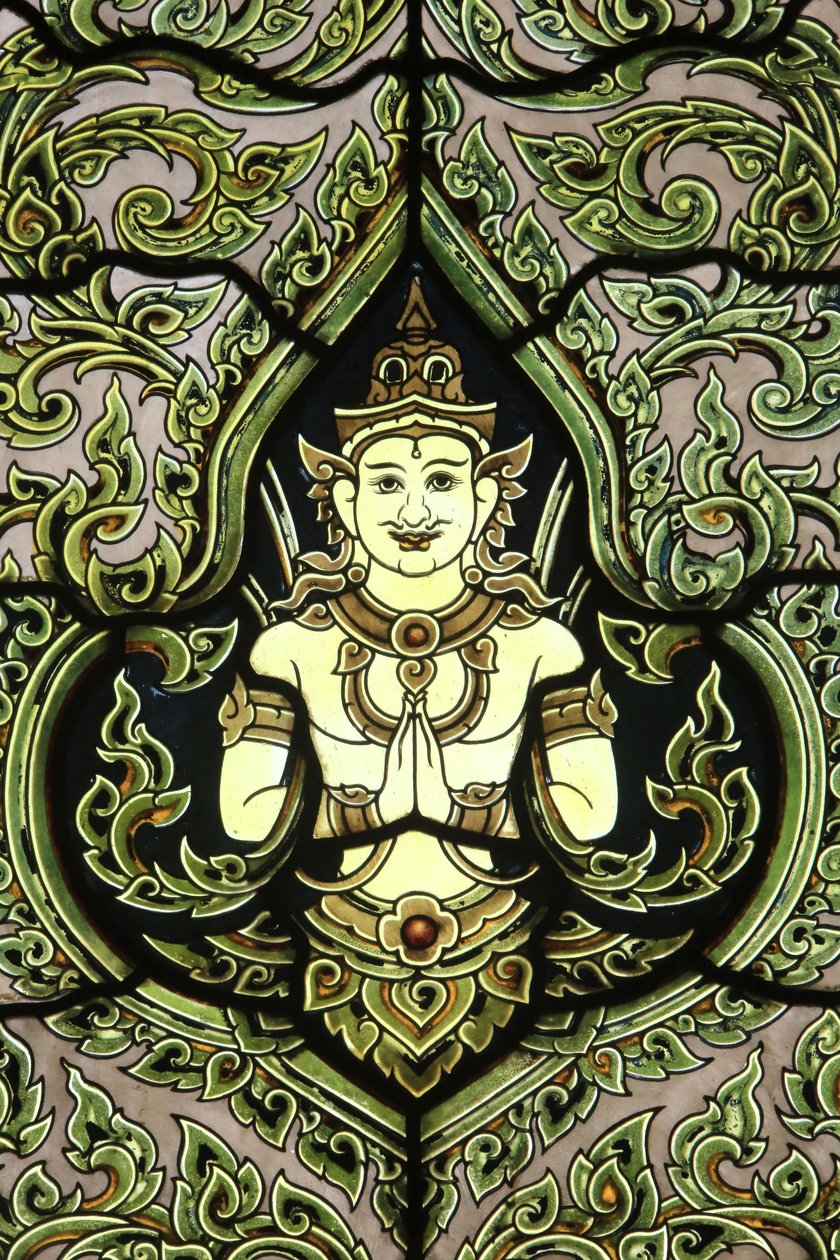 बुद्ध। रंगीन कांच की खिड़की। संगमरमर का मंदिर। वाट बेंचमाबोफिट दुसितवनराम रत्चावरविहारन। 1899. बैंकॉक। थाईलैंड द्वारा अज्ञात