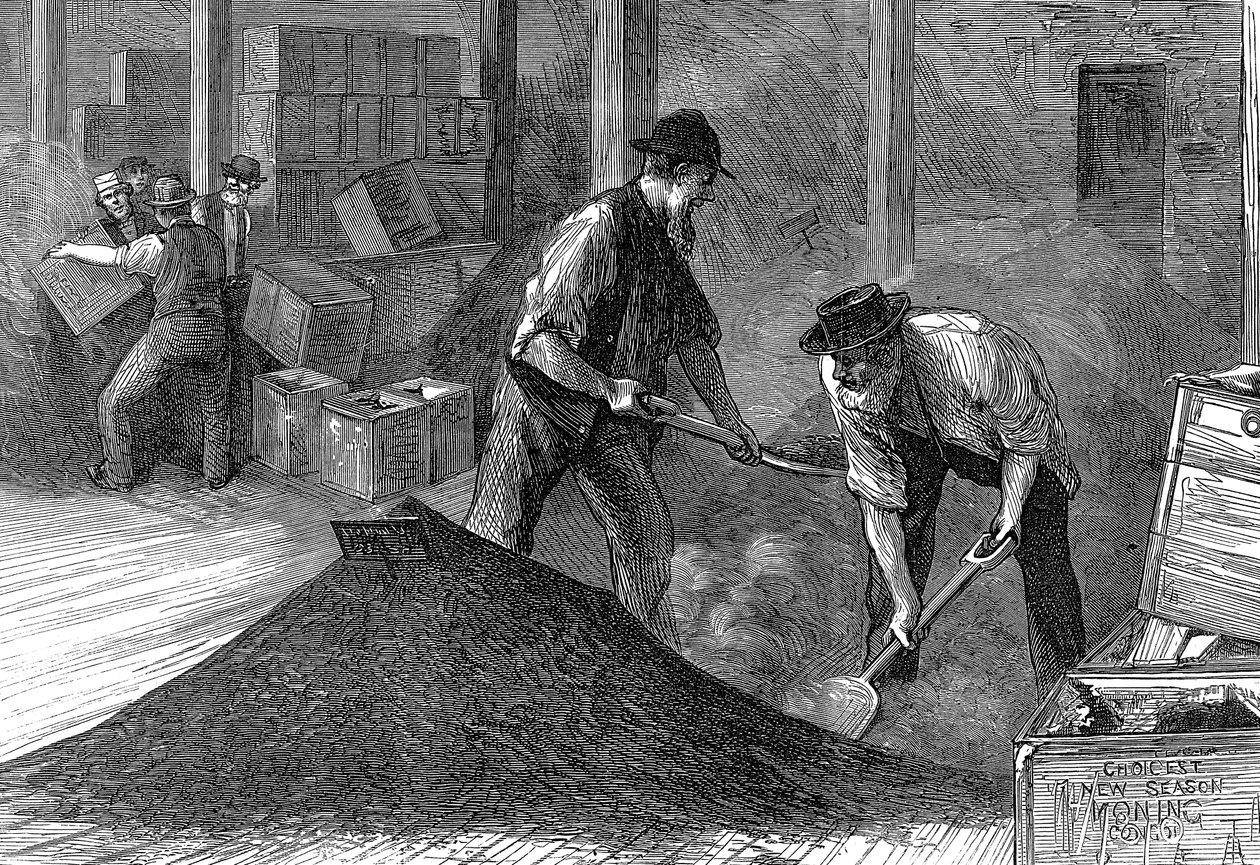 ईस्ट एंड वेस्ट इंडिया डॉक कंपनी, लंदन, 1874 के गोदामों में चाय पीना द्वारा अज्ञात