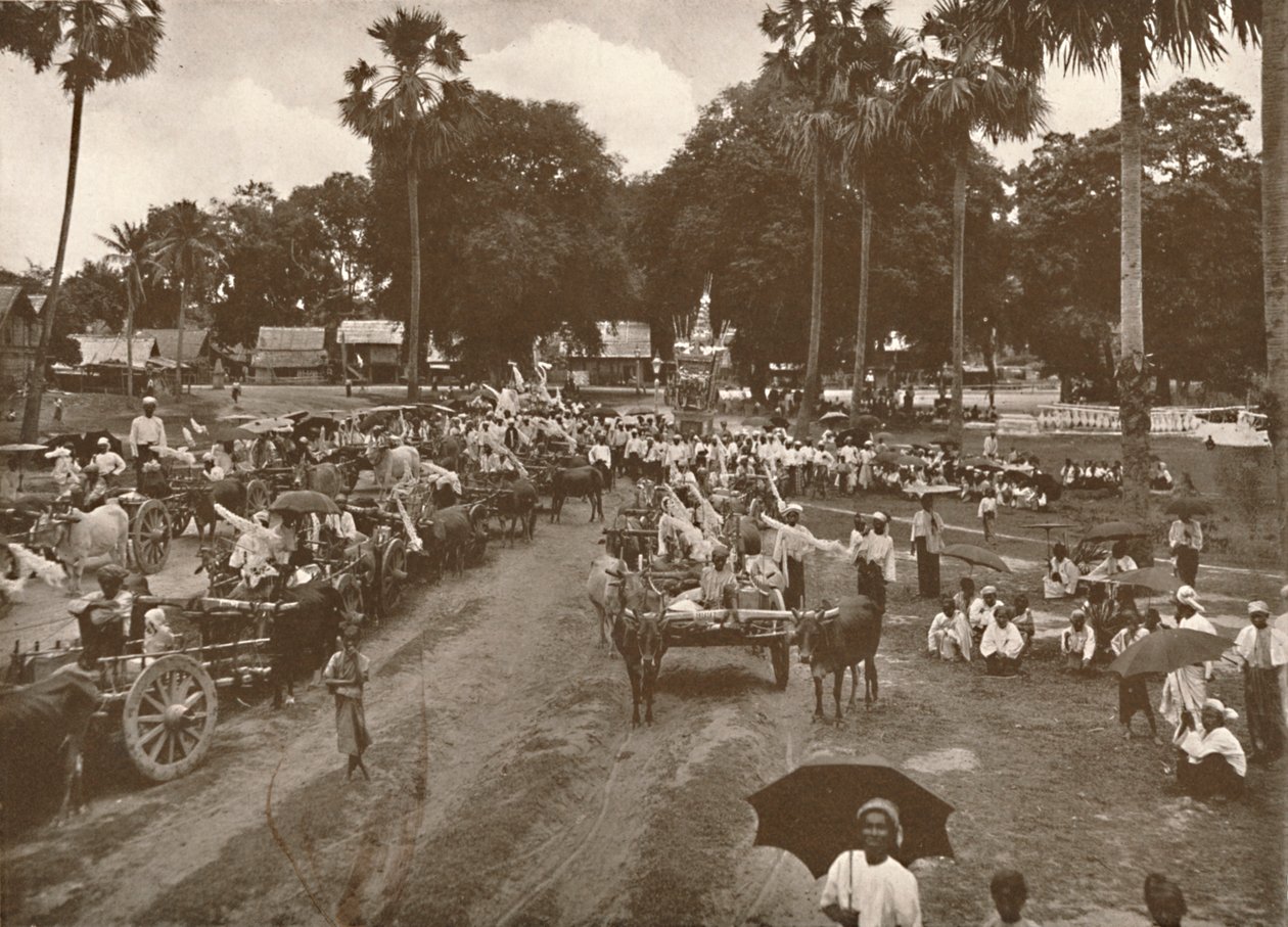 बर्मी अंतिम संस्कार। - प्रसाद के साथ कार्ट का जुलूस, 1900। द्वारा अज्ञात