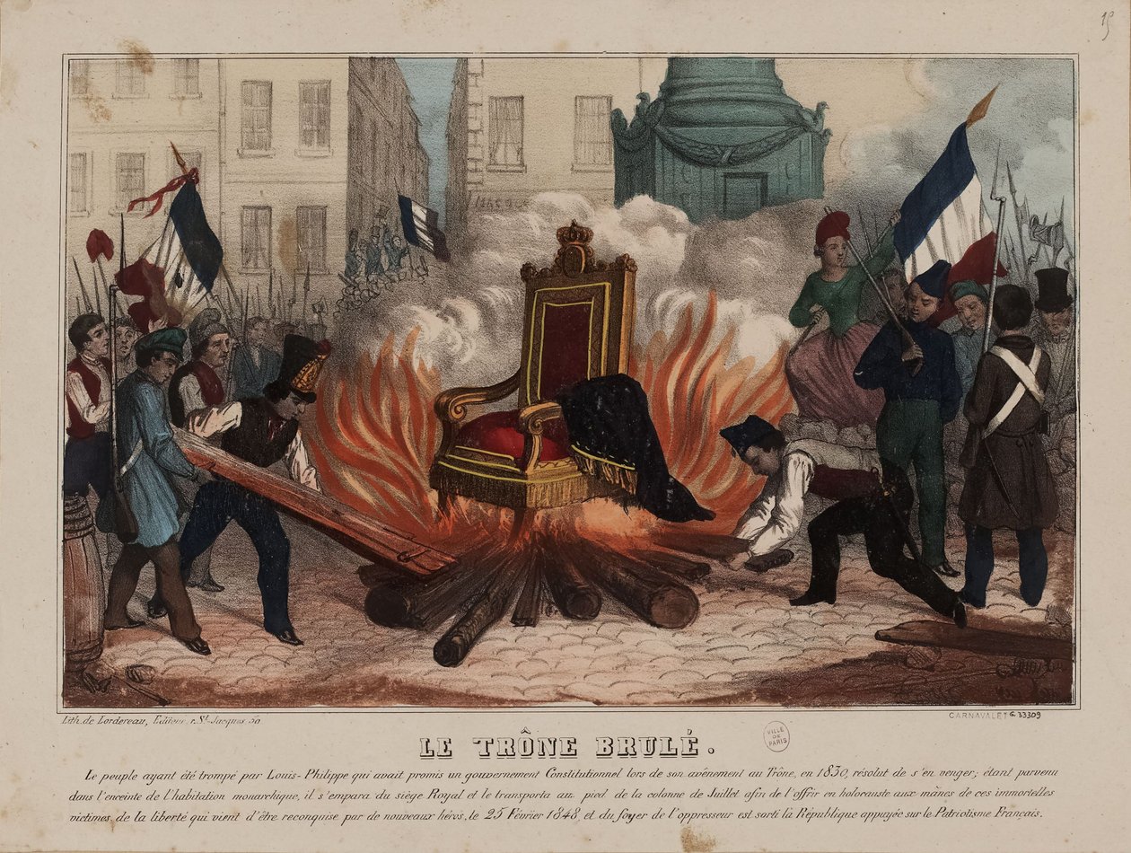 25 फरवरी, 1848 को राजा लुई फिलिप के सिंहासन को जलाना..., 1848 के आसपास। द्वारा अज्ञात