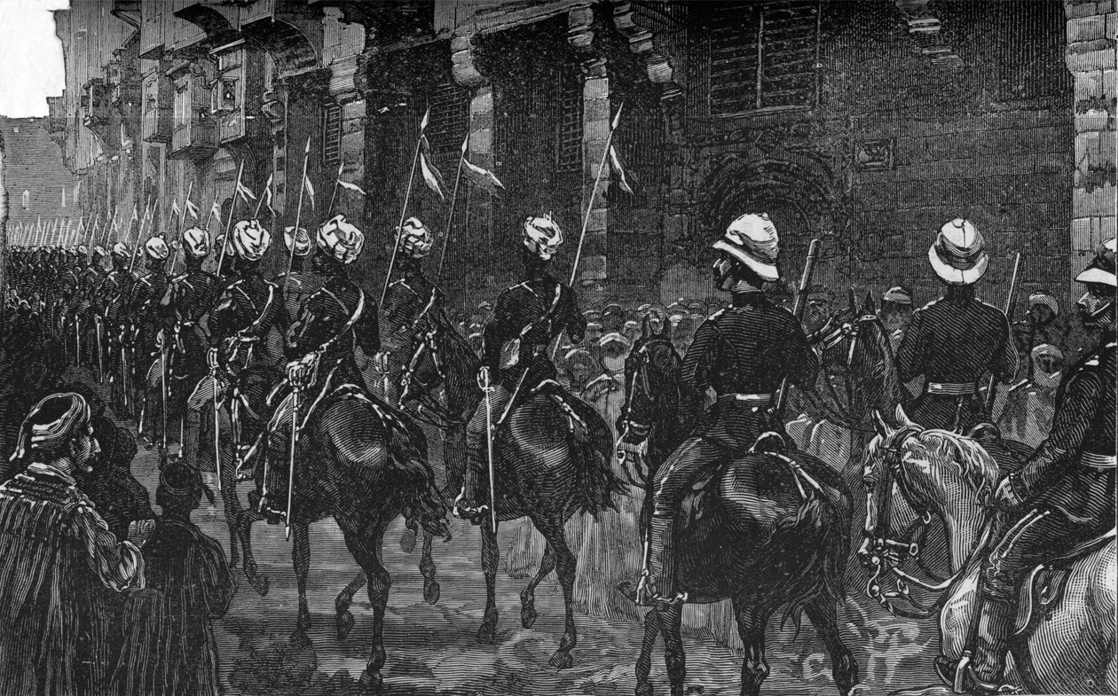 अरब क्वार्टर, काहिरा में कैवलरी प्रदर्शन, c1882-85 द्वारा अज्ञात