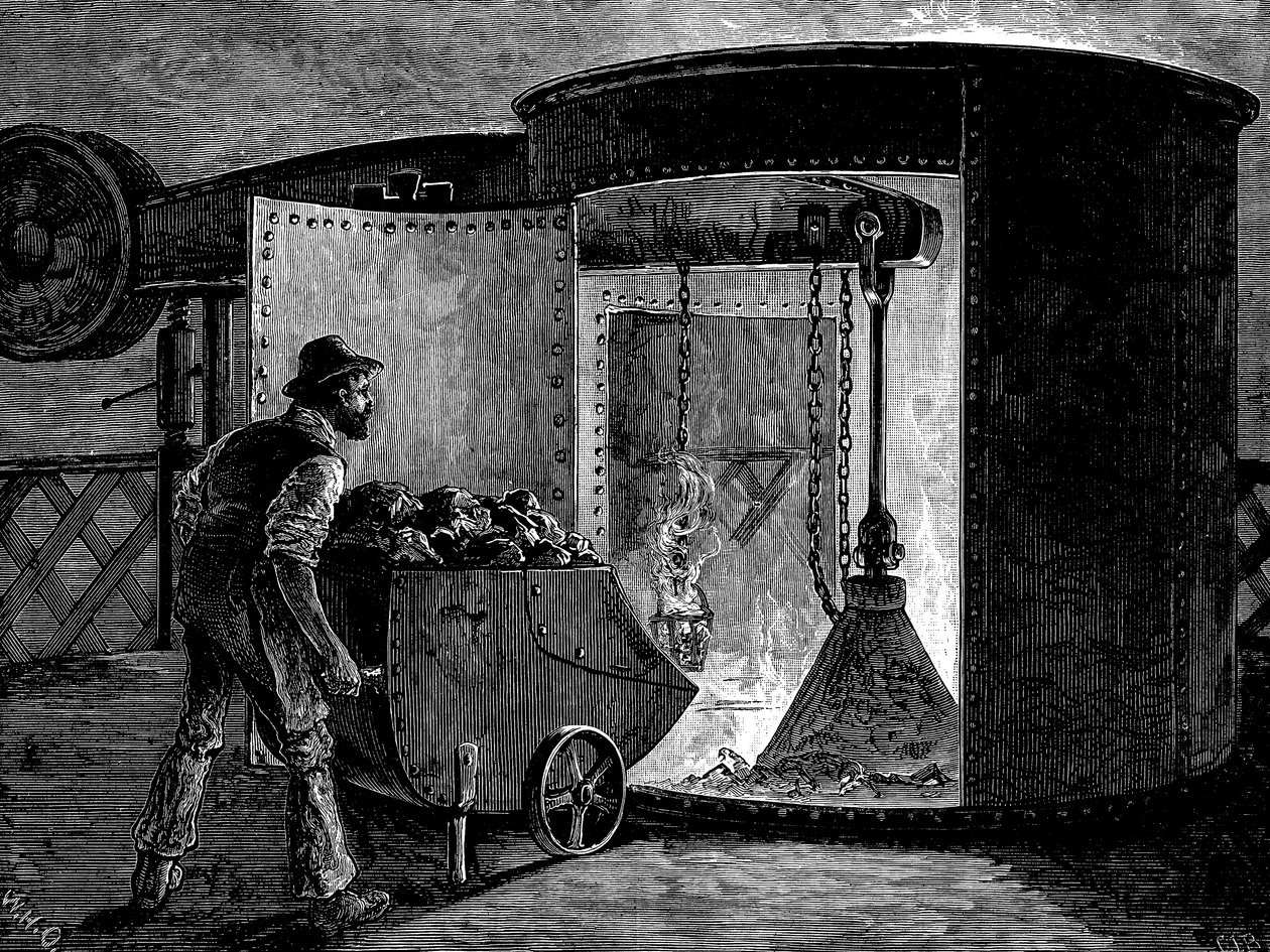 गोवन आयरन वर्क्स, स्कॉटलैंड, c1885 में एक ब्लास्ट फर्नेस को चार्ज करना द्वारा अज्ञात
