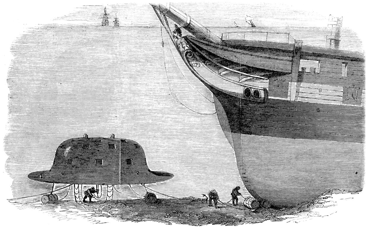 चार्ल्स बब्बेज ने डाइविंग बेल के लिए डिजाइन का प्रस्ताव दिया, 1855 द्वारा अज्ञात