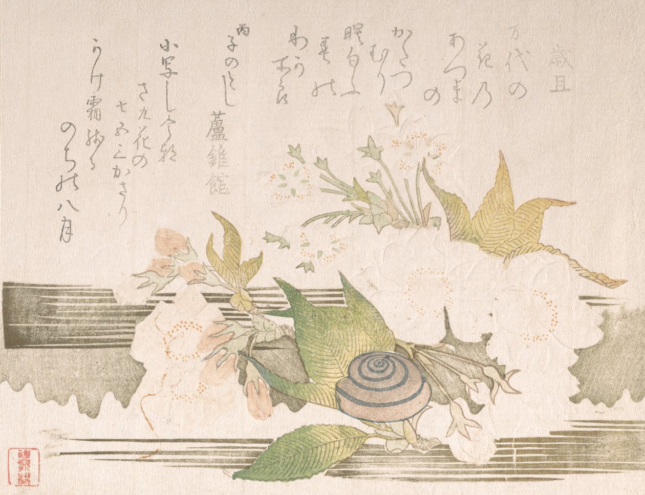 चेरी ब्लॉसम और एक घोंघा, 1816। द्वारा अज्ञात