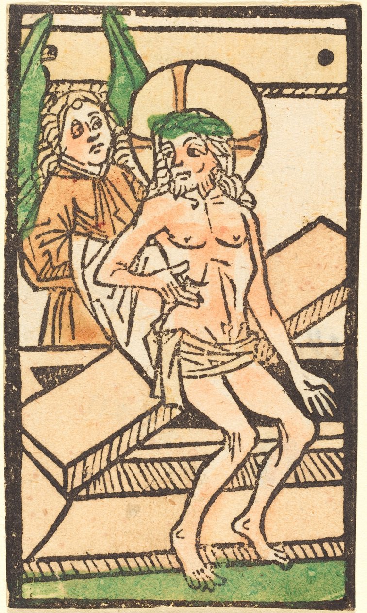 ईसा मसीह एक देवदूत के साथ अपनी कब्र पर बैठे, c. 14701480. द्वारा अज्ञात