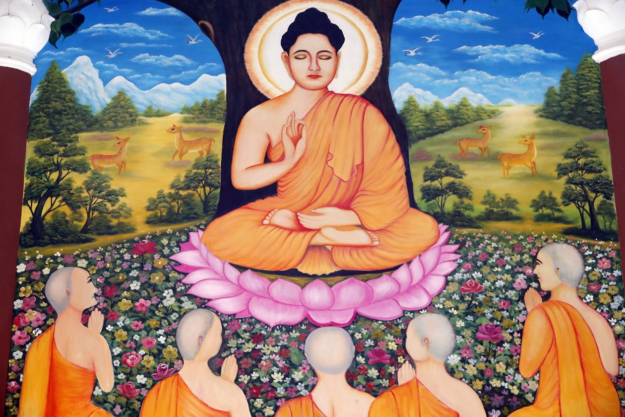 चुआ तू क्वांग बौद्ध मंदिर। शाक्यमुनि बुद्ध ने अपने पांच शिष्यों को धर्मोपदेश - कानून का पहिया - का उपदेश दिया। वुंग ताऊ। वियतनाम। द्वारा अज्ञात